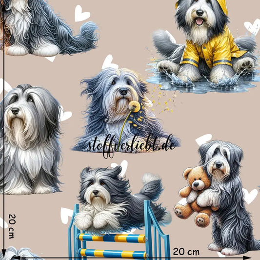 French Terry Stoff mit großen Bearded Collies (Beardies) auf beigefarbenem Hintergrund – detailreiche Hundemotive mit Teddybär, Pusteblume, Regenjacke und Herzen